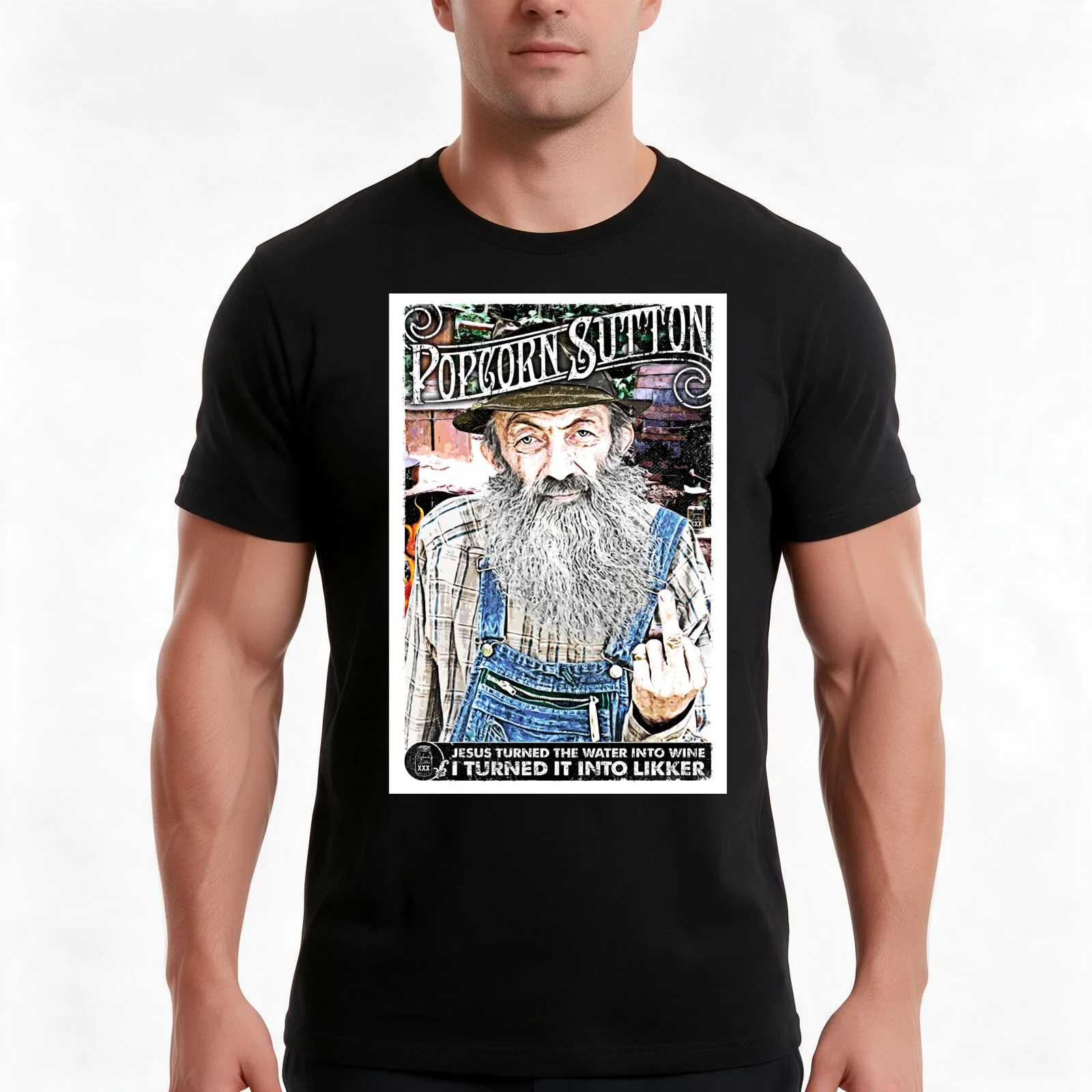Moonshine Popcorn Sutton T-Shirt, Summer Casual Cotton Tee, Oversized Streetwear Tops, Vintage Graphic Print, Unisex Men Women