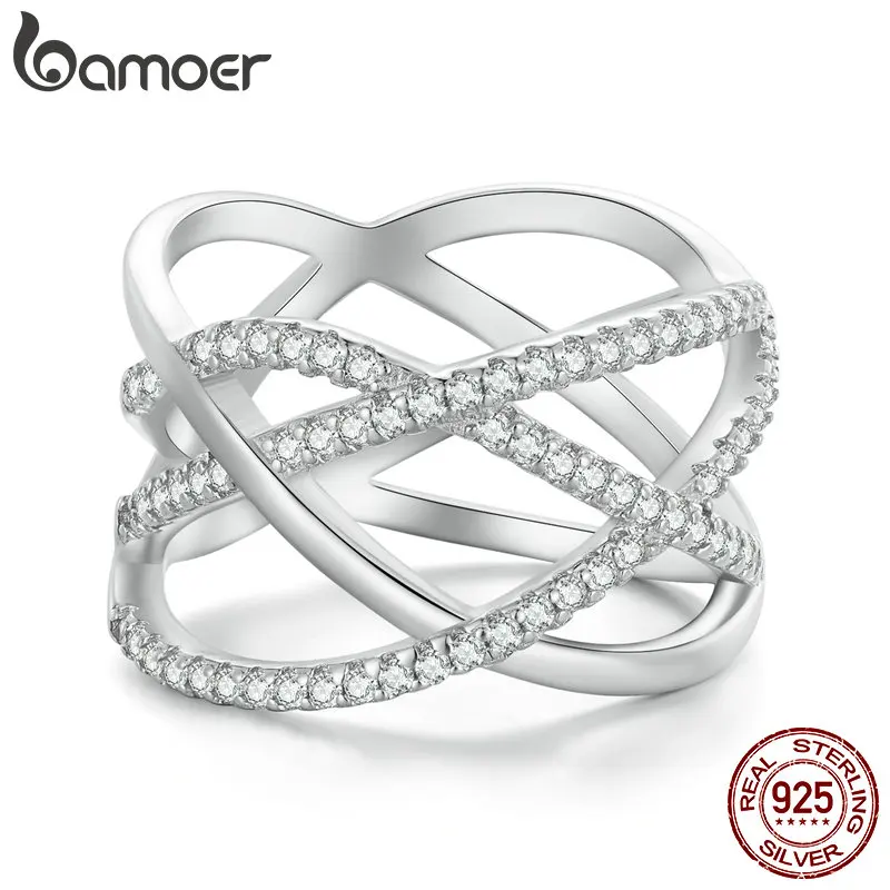 Bamoer 925 Sterling Silver Simple Samsara Finger Ring Geometric Ring for Women Birthday Gift Pave Setting CZ Fine Jewelry BSR396