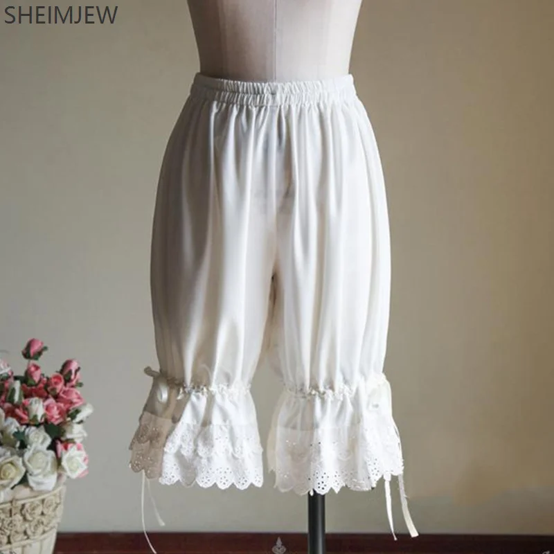 

Retro Solid Color Bloomers Bloomers Leggings Cosplay Ruffled Lace Hem Bow Shorts Elastic Waist Wide Leg Pants Elastic Bubble Pan