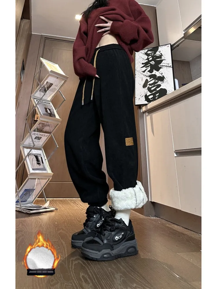 

Мужские вельветовые брюки на зиму, утепленные, широкие, с манжетами, для подростков, теплые, из овечьего флиса, повседневные, свободного кроя, с эластичным поясом