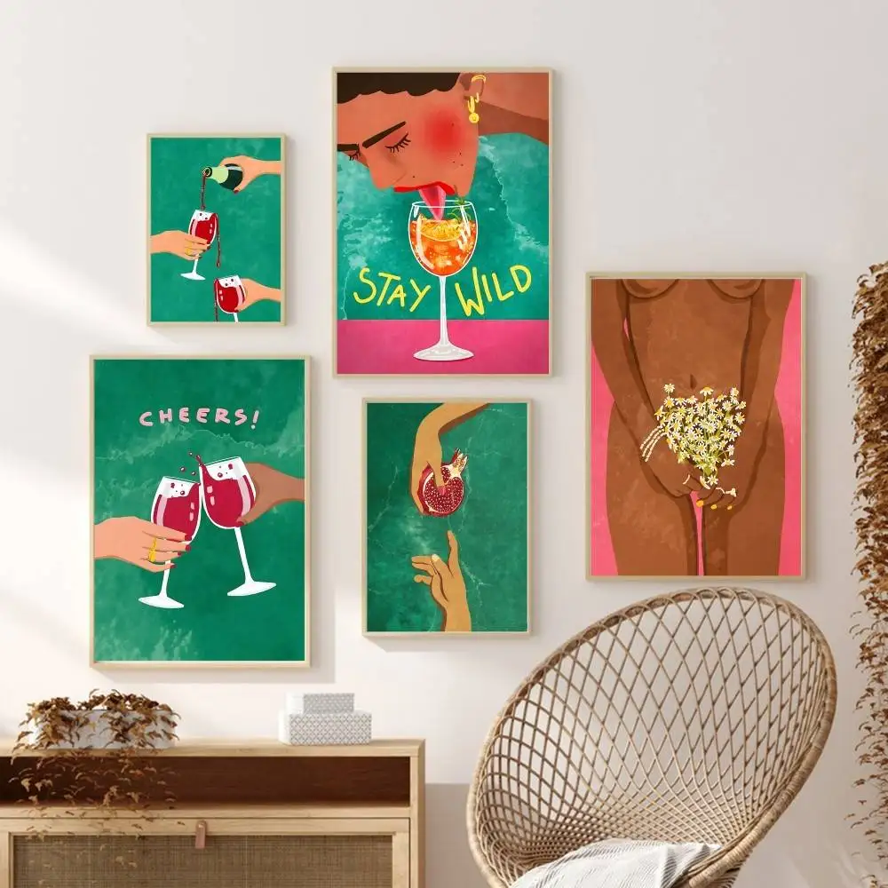 Tropical Green Pink Wine Lady Paper Poster Cheers Stay Wild Feminist Fruit Body Floral Wall Print for Bedroom Bar Girly Decor