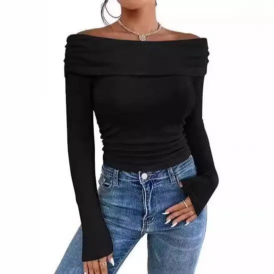 Mulheres sexy fora do ombro topos elegante casual fino ajuste mangas compridas primavera outono blusa saindo camisa de noite