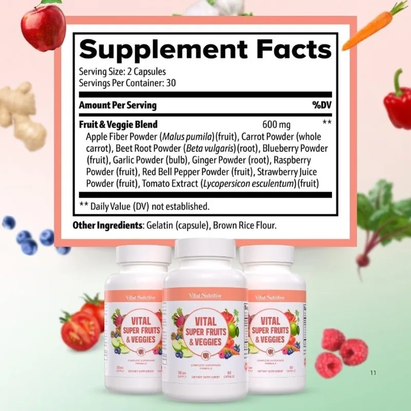 Super Fruits & Veggies - Promotes Intestinal and Digestion Health, Immune System, Boost Energy, Improve Metabolism, Non-GMO