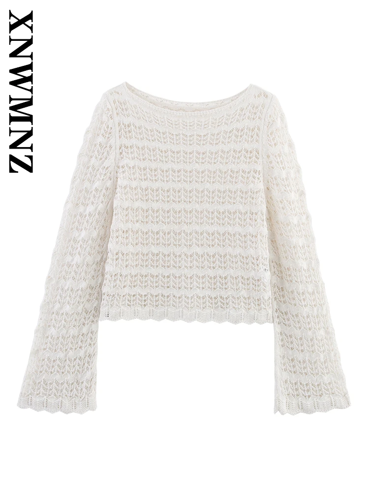 

XNWMNZ 2025 Spring Women Clothing Fashion Commuting O-Collar Long Sleeve Hollow Out Knit Blouses Simple Lady Top Casual Pullover