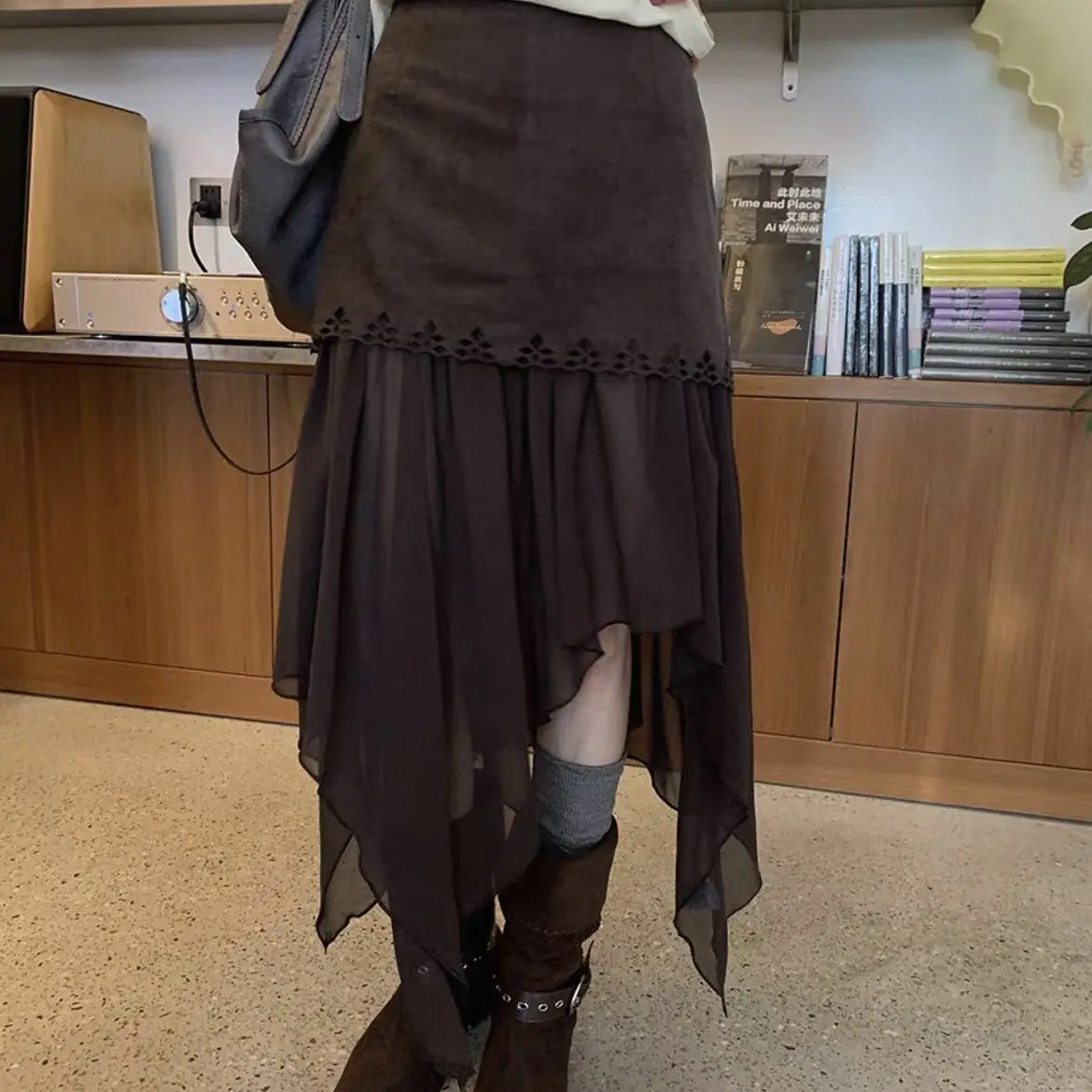 

Hollow Lace Patchwork Irregular Mesh High Waisted Plus Size A Mid Length Skirt for Women