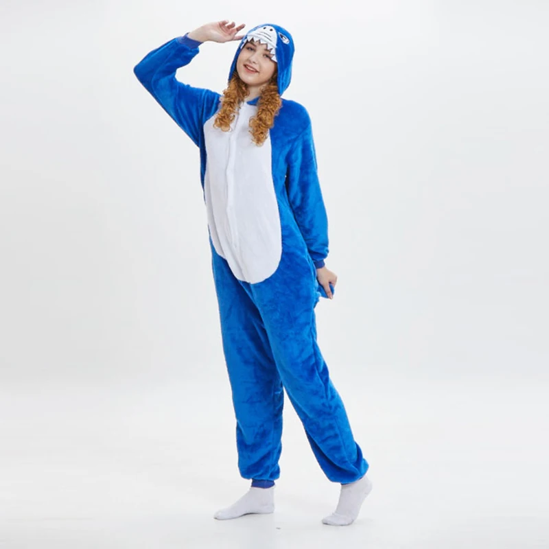 Shark Flannel Nightgown Hooded Pajamas Sleepweear Lingerie Adult Rompers Halloween Cosplay Costumes Homewear Jumpsuit Onesies