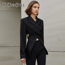 TWOTWINSTYLE Solid Hollow Out Designer Blazer For Women V Neck Long Sleeve Patchwork Button Slimming Balzers Female Fashion New