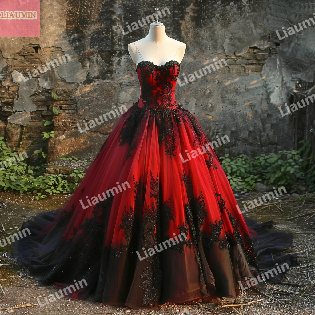 

Custom Classic Hand Made Red Tulle Black Ball Gown Strapless Prom Dress Floor Length Evening Formal Party Clothing W15-51.13