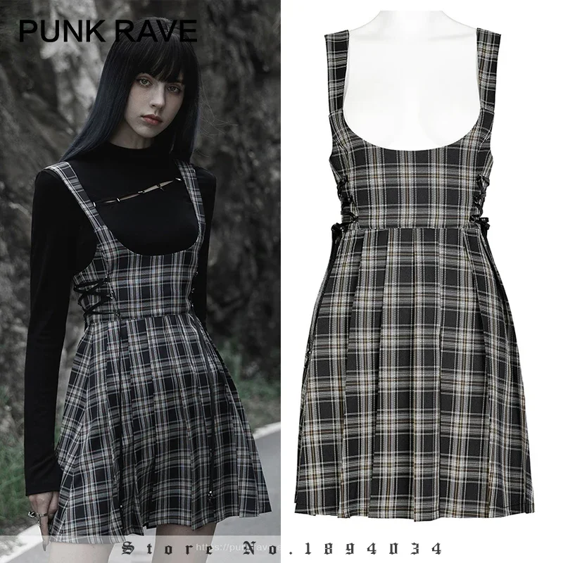 

PUNK RAVE Women's Punk Daily High Waist Pleated Strap Mini Dress Gothic Sexy Playful Plaid Clothing for Women Spring/Summer