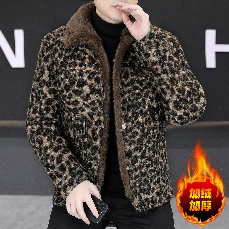 Luxury Leopard Print Woolen Jacket for Men Trendy Thick Warm Business Casual Woolen Blended Jacket Social Office Streetwear Coat