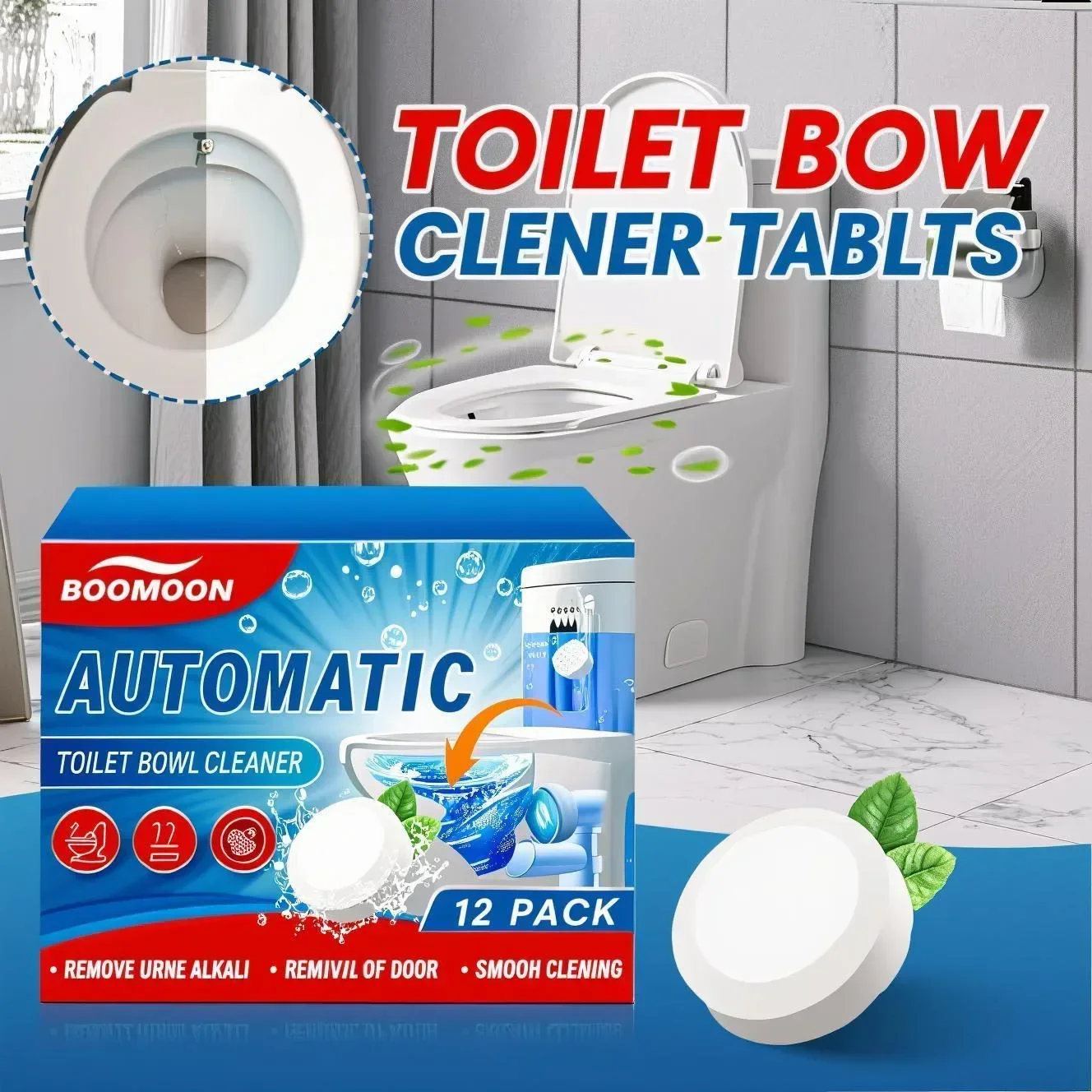 Effervescent Toilet Cleaning Pods, 12 Pack - Auto-Clean & Deodorize, Effectively Removes Hard Water Stains & Keeps Bowl Fresh.