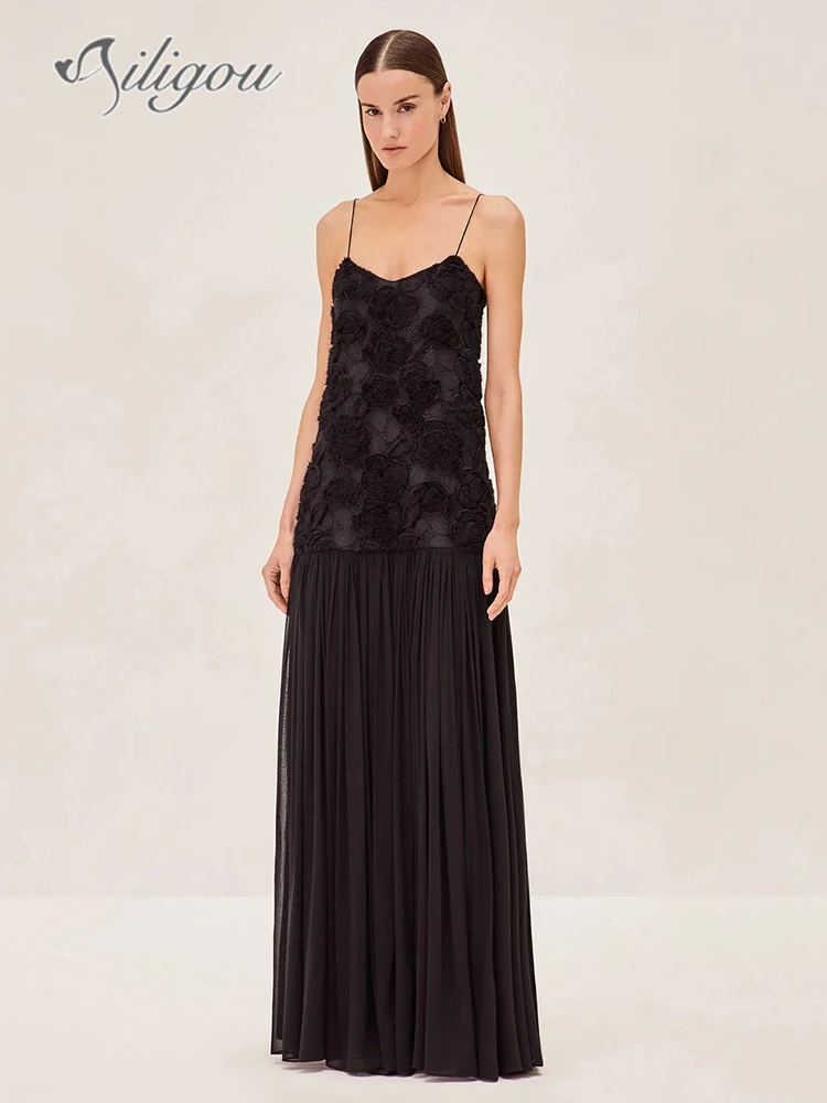 

Ailigou 2024 New Summer Women's Fashion Black and White Sexy Flower Pleated Long Dress Elegant Celebrity Party Dress
