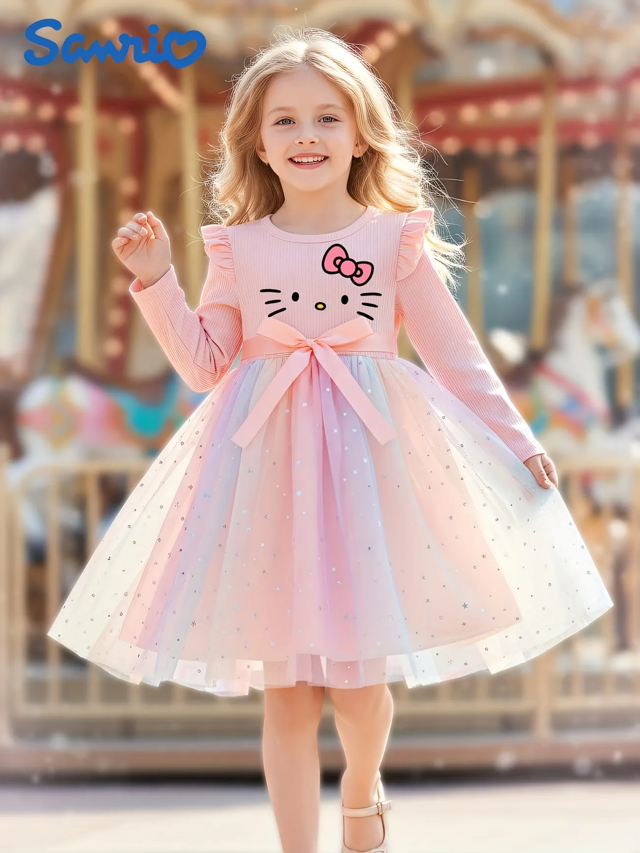 Robe de princesse Sanrio Hello Kitty pour filles, jupe tutu en tulle dégradé rose automne, robe formelle à manches longues pour enfants