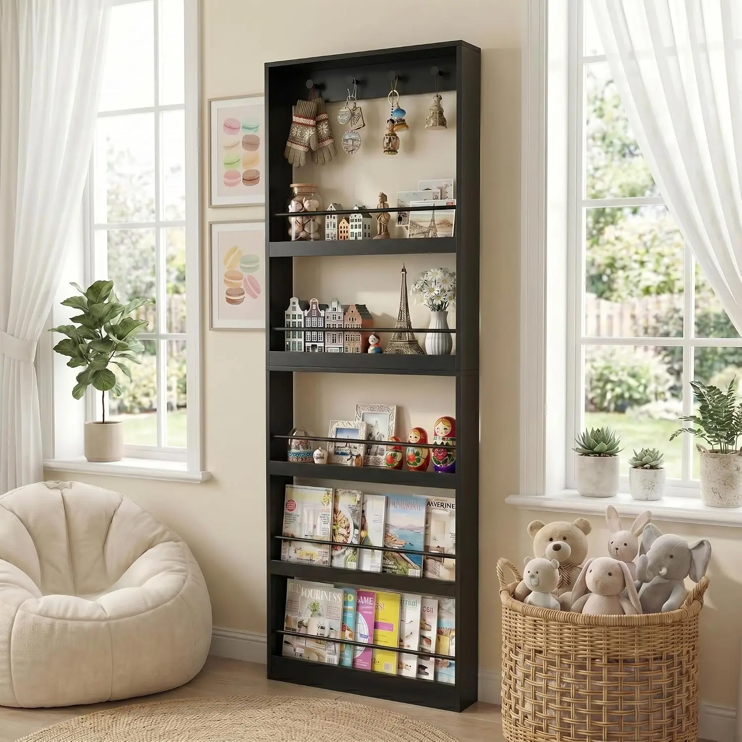 71 Inch Tall Behind The Door Bookshelf with Hooks, Narrow Wall Mounted Magazine Rack Storage Organizer for Entryway Living Room Home Office