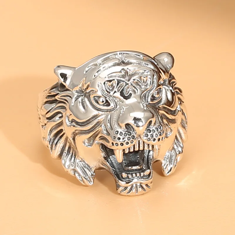 S925 sterling silver domineering men's tiger ring thai silver retro exaggerated faucet golden retriever puppy ring