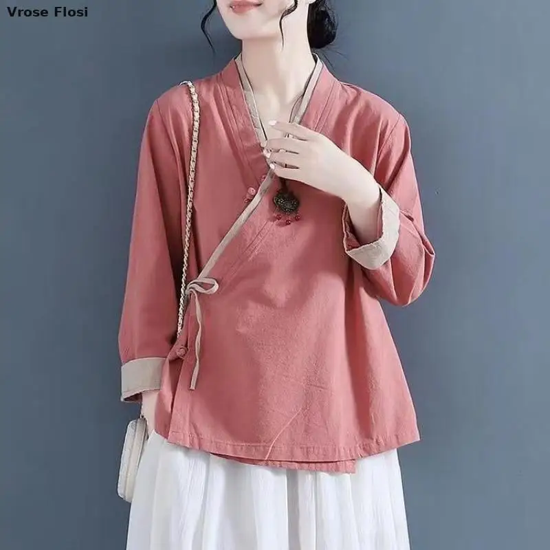 2024 Cotton Linen Shirt Women's Spring Ethnic Harajuku Tang Suit Top Vintage Embroidery Loose Chinese Style Tradition Blouse Xxl