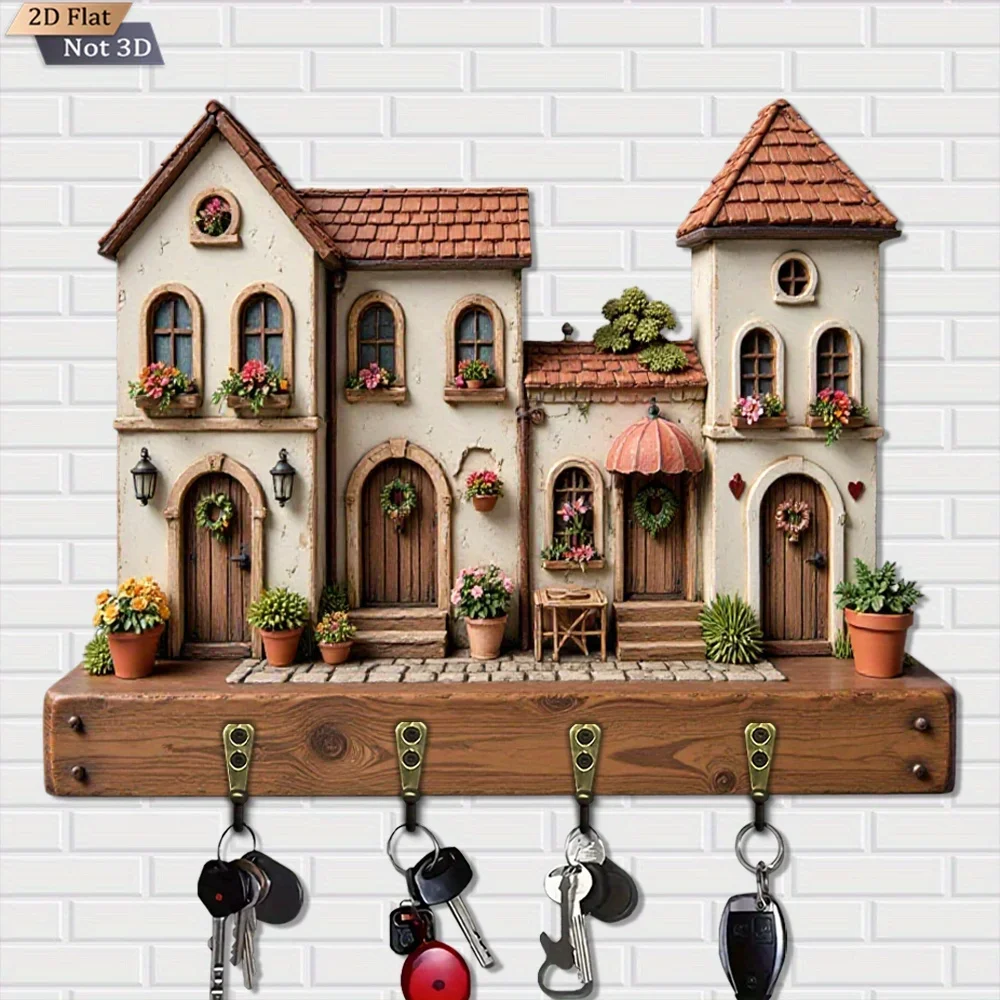 2D Flat Design, 1pc, Retro European Style Flower House Key Hook, Wooden Multi-Functional Home Key Holder, with Four Metal