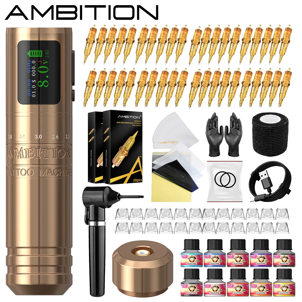 

Комплект Ambition C1, беспроводная тату-машинка, регулируемая 7 ходов, 2,0-4,2 мм, бессердечный двигатель, аккумулятор для выставления счетов, 1900 мАч для тела татуировки