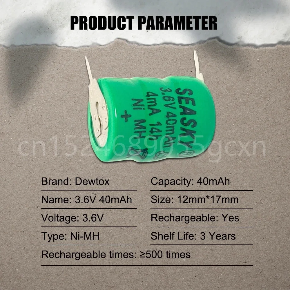 3.6 فولت 40 مللي أمبير ni-mh بطارية قابلة للشحن مع دبابيس لحام لطاقة الطاقة الشمسية التقويم ساعة ليد ضوء متر لعبة