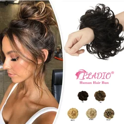 PLADIO 100% İnsan saç Bun uzantıları püsküller ile dağınık Chignon at kuyruğu kadınlar için saç ekleme dalga doğal kahverengi saç Bun