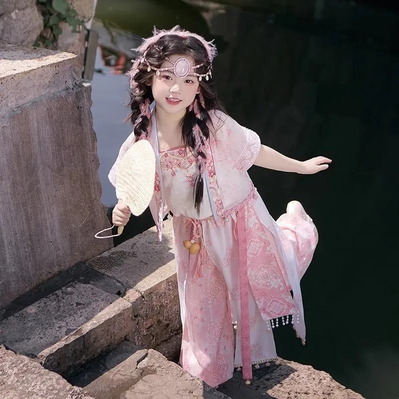 Girls Hanfu 2026 New Summer Children Ancient Chinese Style Dress Camisole Outer Shirt Pants Costume Girl Ethnic Clothing ZI991