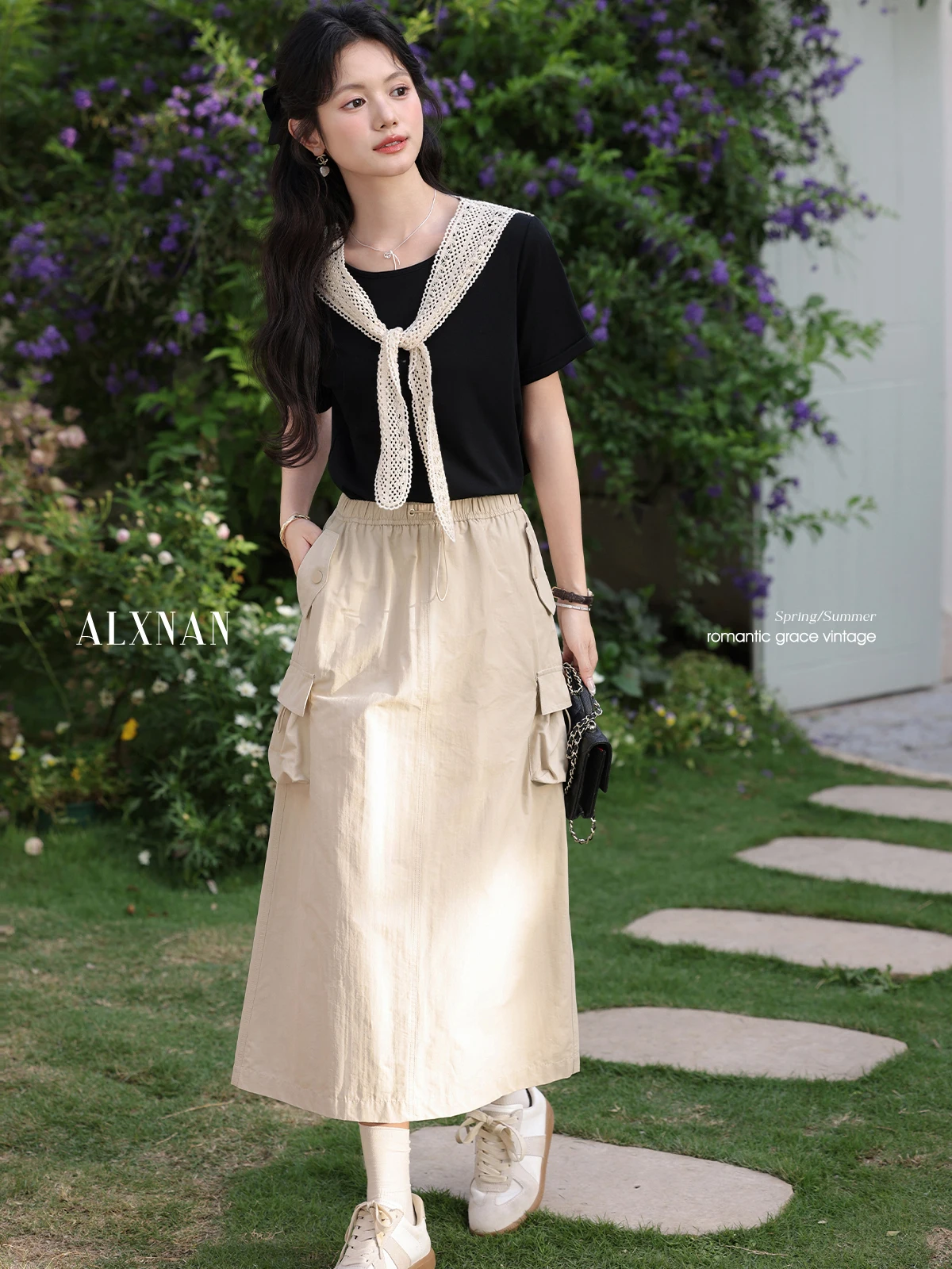 ALXNAN Women's Skirt Apricot Elegant Loose-fit A-line Workwear Skirt 2025 Summer Casual Office Lady with Pocket Clothing L55718
