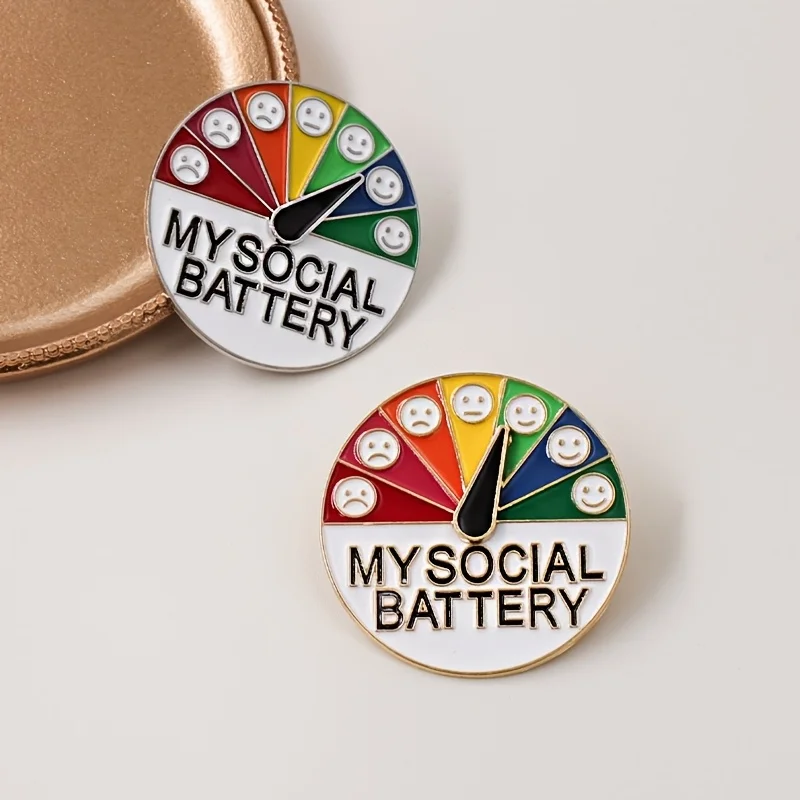 2Pcs My Social Battery Pins, Slideable Mood Conversion Expression Brooch Funny Creative Gift for Women Men