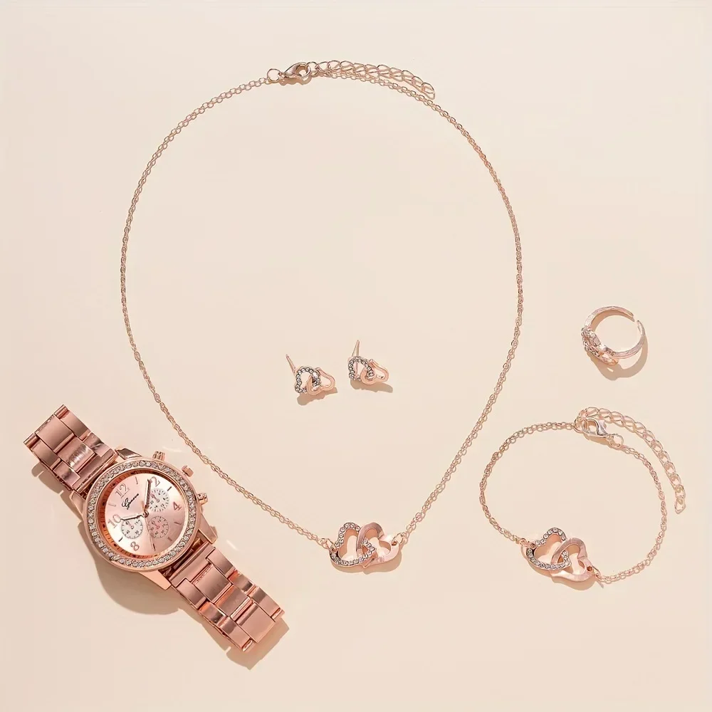 6PCS Set Rose Gold Luxury Watch Women Ring Necklace Earring Rhinestone Fashion Wristwatch Casual Ladies Bracelet Watches