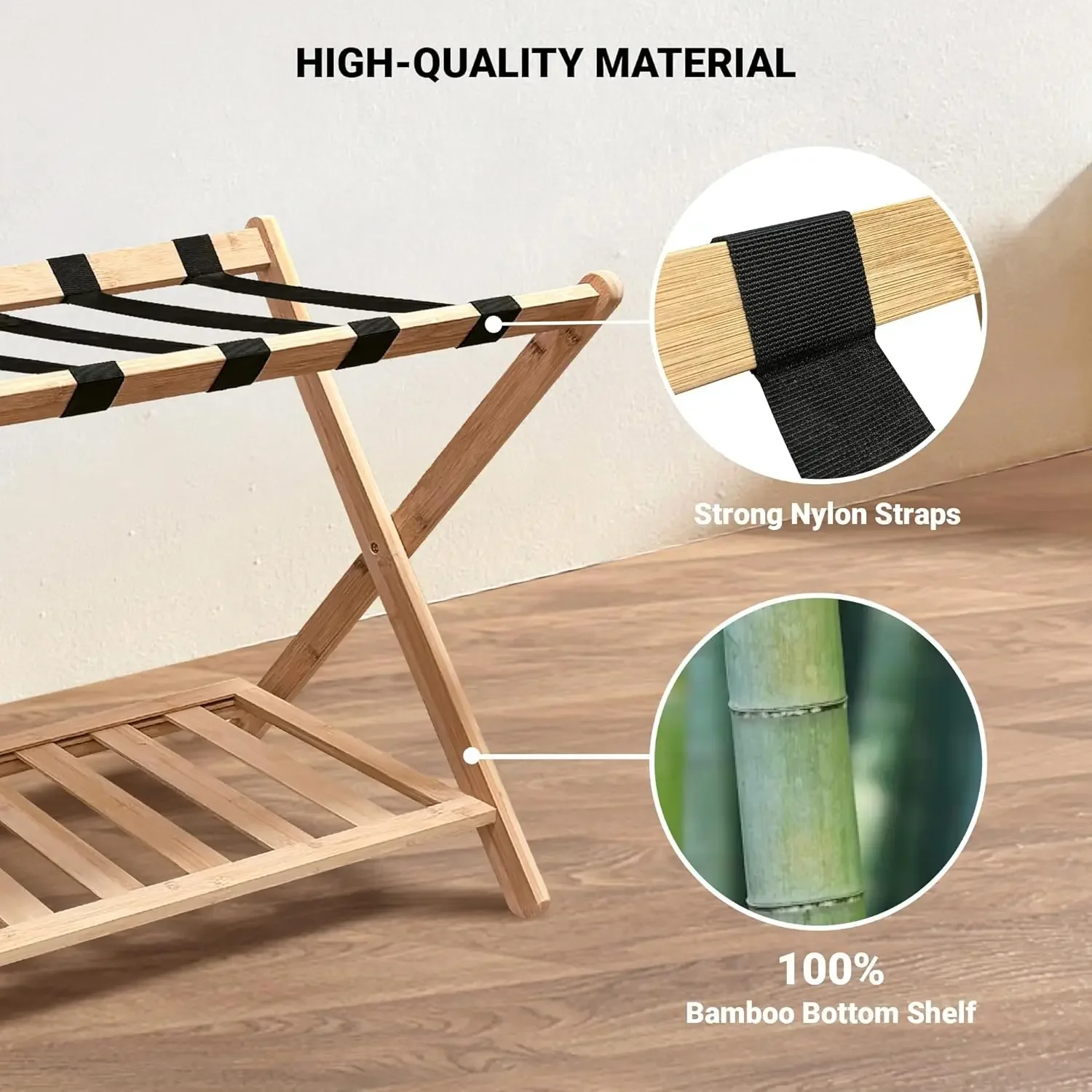 Luggage Rack for Guest Room, Bedroom, Hotel - Natural Bamboo Suitcase Stand, Foldable with 2 Layers, up to 150 lbs - Fully Assem