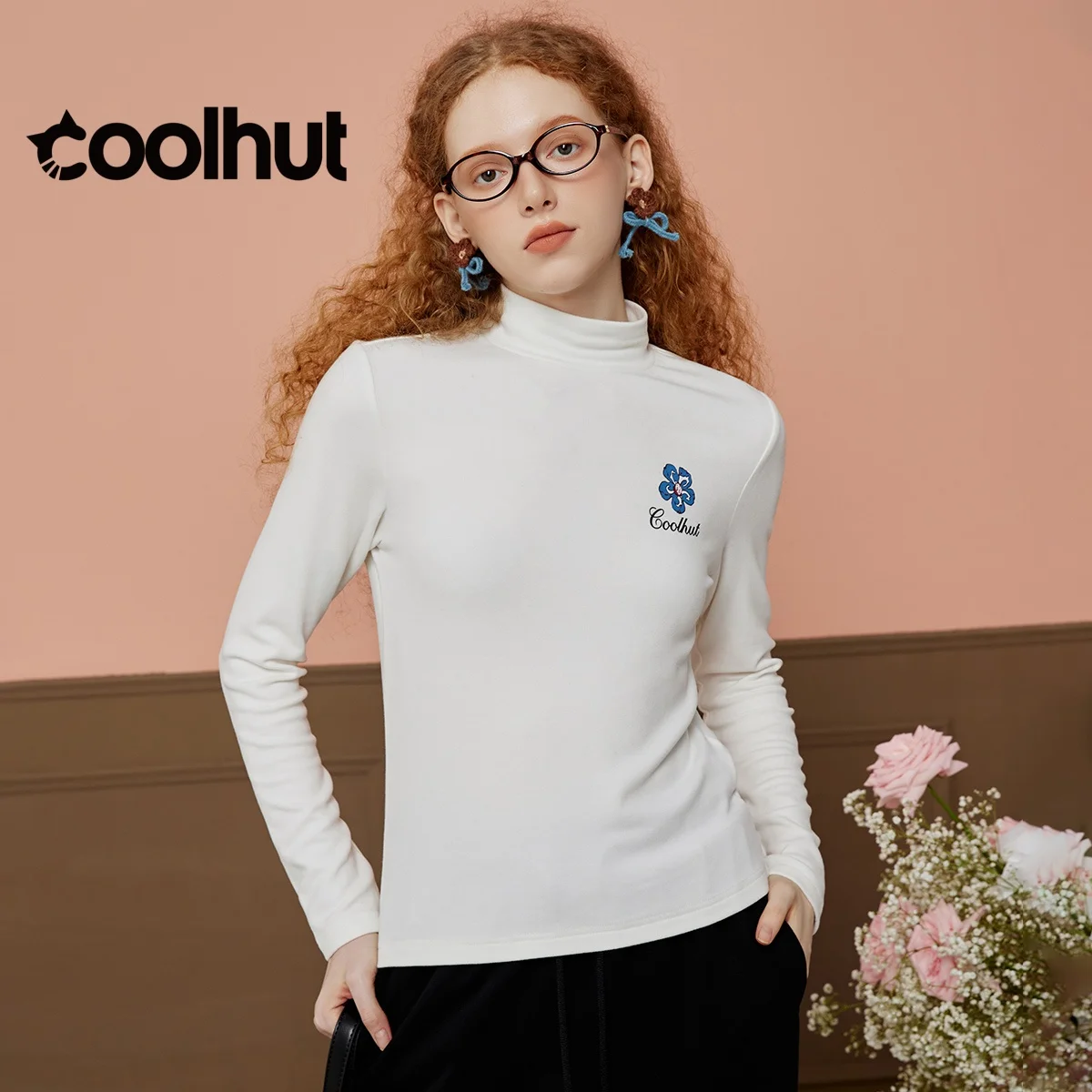 COOLHUT New Arrival Women's 2025 Textured Brushed Tee Mock Neck Long Sleeve Printed Spring Top Lightweight Layering Essential