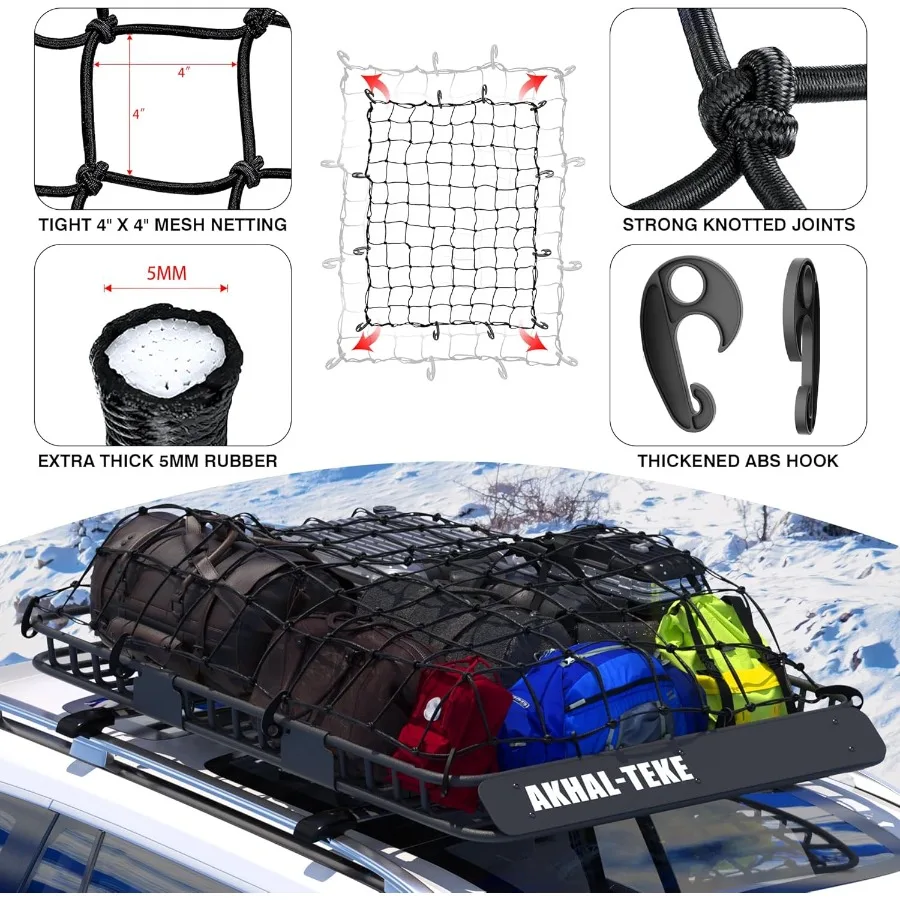 Panier de galerie de toit amélioré 64 x 39 x 4, porte-bagages avec filet de chargement élastique Super Duty de 3' x 4' et 2 sangles à cliquet