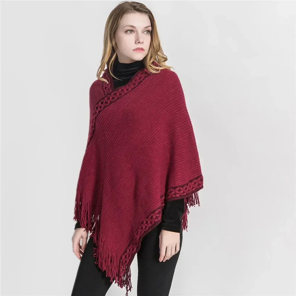 

2025 Spring Autumn Embroidered Neckline Solid Color Imitation Cashmere Warm Pullover Shawl Scarf Cloak Lady Poncho Capes Red
