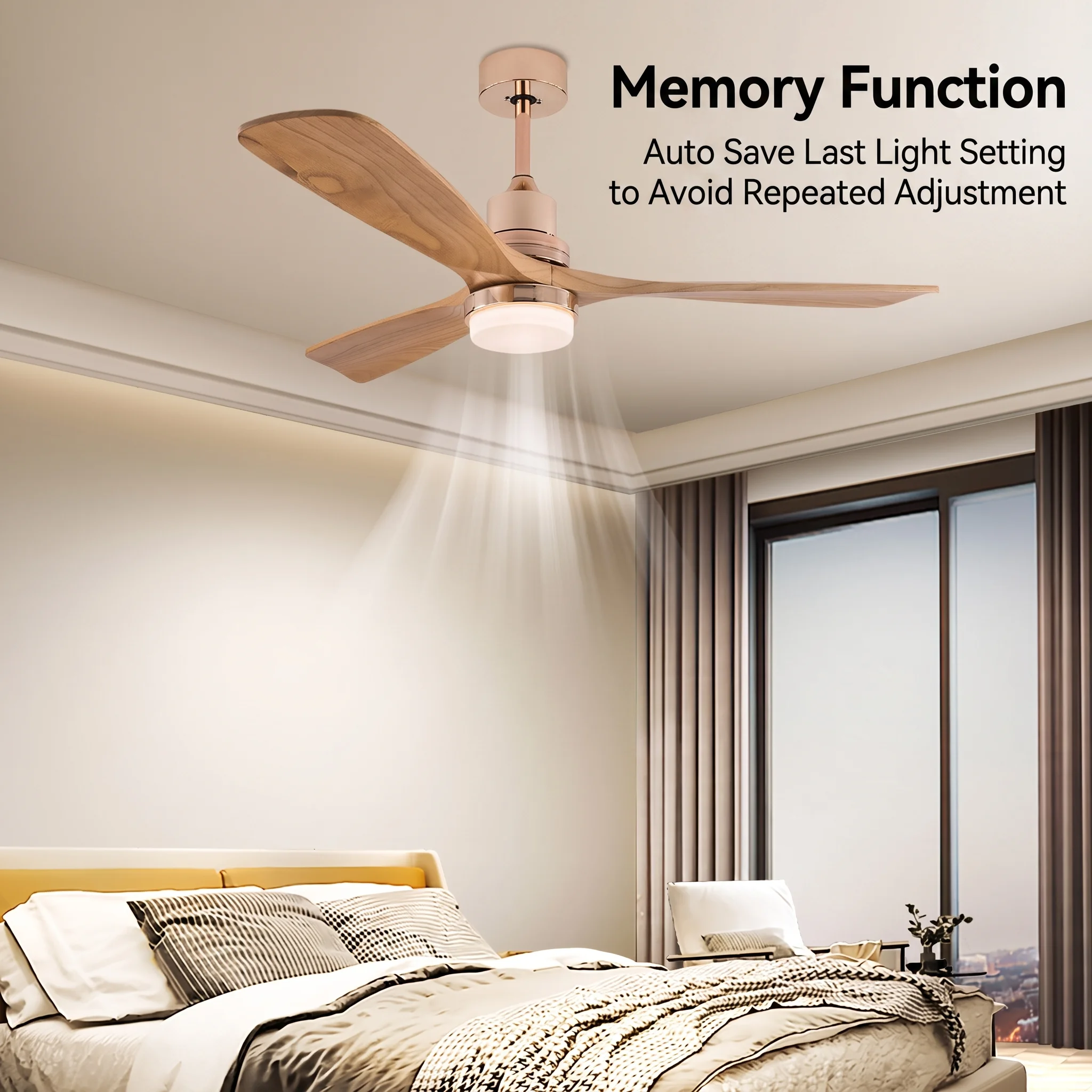 Wood Gold Ceiling Fan with LED Light Remote Control 6 Speed 1/2/4H Timer 3 Color Temp 3 Blades Reversible Quiet Copper Motor Ceiling Fan Light view 7