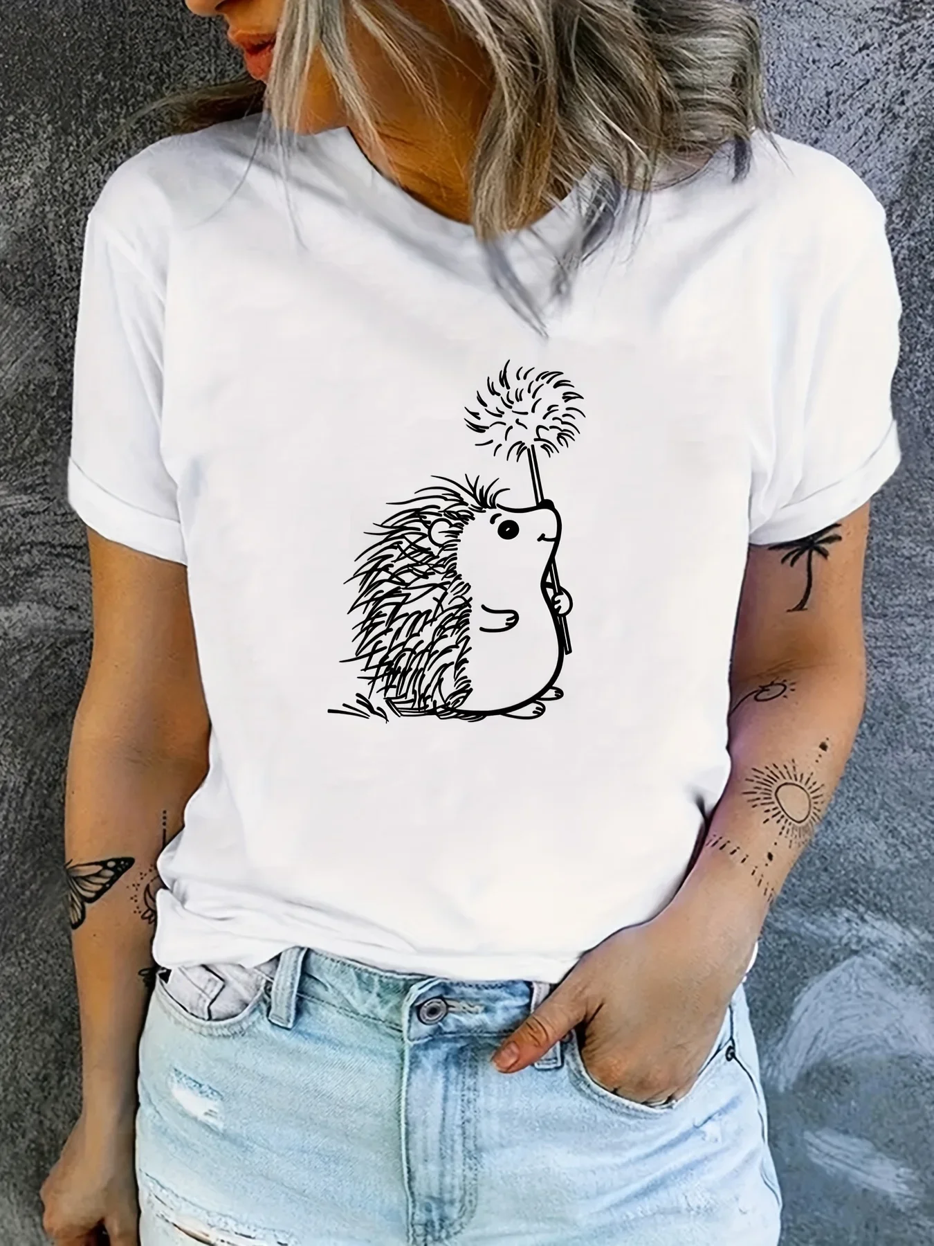 Cute Hedgehog Print T-shirt, Casual Short Sleeve Crew Neck Top For Spring & Summer, Women's Clothing