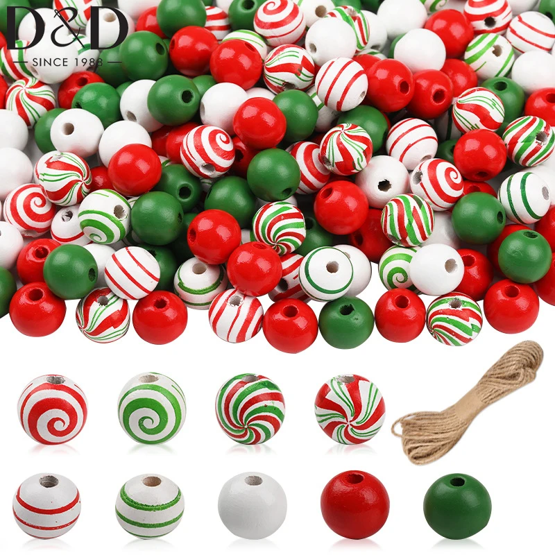 240Pcs Christmas Wooden Beads Round Candy Cane Wood Beads Swirl Beads Red Green White Party Home Holiday Decoration