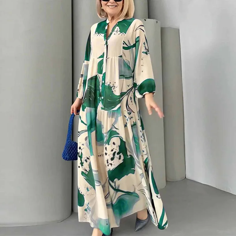 عارضة نمط طباعة فضفاضة مطوي فساتين طويلة امرأة أنيقة الخامس الرقبة زر مكتب قميص اللباس الخريف طويلة الأكمام البوهيمي اللباس