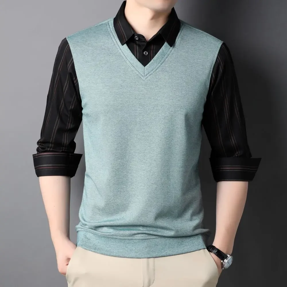  Men's Shirt Fake Two Piece Polo-Collar Long Sleeve Style Casual Comfortable Top Autumn/Winter New Shirt Clothing D0026