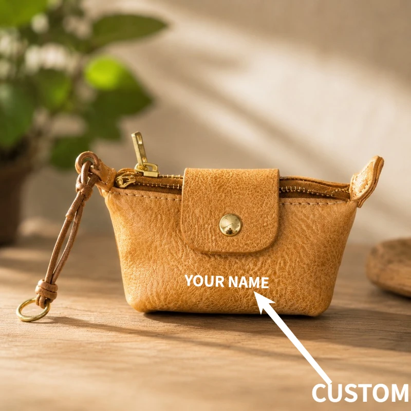 Genuine Leather Coin Purse Men Vintage Waxed Leather Wallet Small Storage Bag Earphone Case Card Holder Custom Engraving