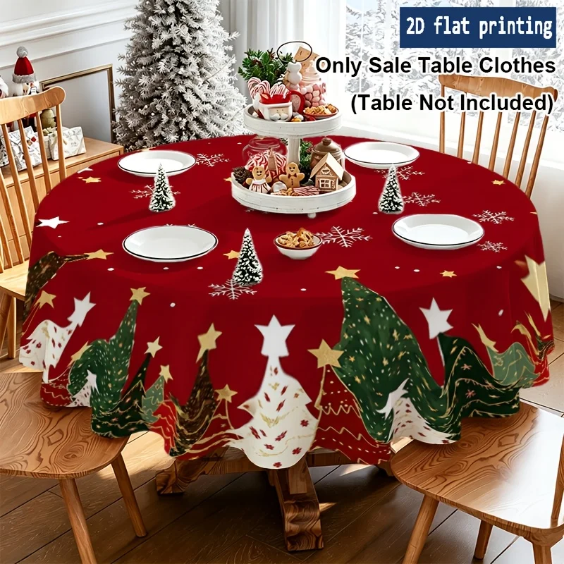 1 red and green Christmas tree round tablecloth, durable polyester material, winter Christmas table decoration
