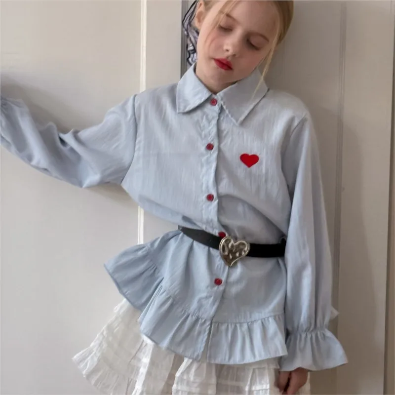 Baby Girl Princess Cotton Love embroidery Shirt Infant Toddler Child Ruffled Blouse With Belt Spring Autumn Baby Clothes 18M-12Y