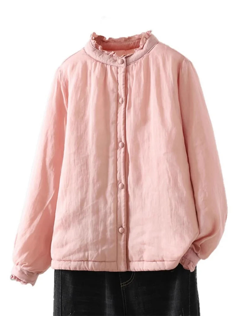 خريف شتاء 2025 المرأة سترة قطن الوردي النمط الصيني القطن الكتان قاعدة مبطن معطف علوي W194