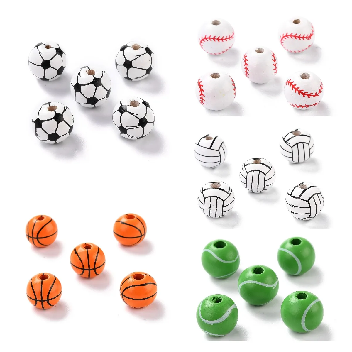 Pandahall 100pcs 5Style Sport Ball Shape Natural Wood Beads For Jewelry Making DIY Bracelet Accessories