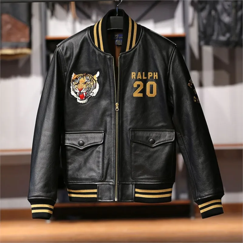Casual stand-up collar leather baseball men's embroidered vegetable-tanned cotton cowhide coat