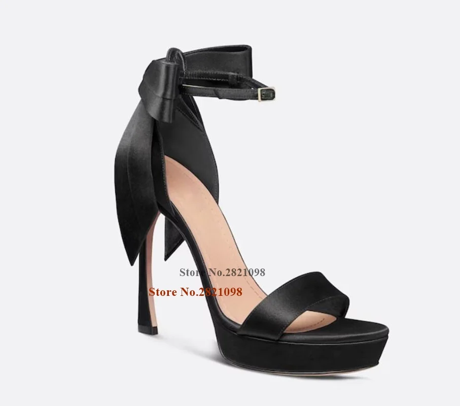

Structured Satin Bow In The Back Straps Black Satin Rounded Toe Platform Sandals Women High Heel Summer Dress Shoes