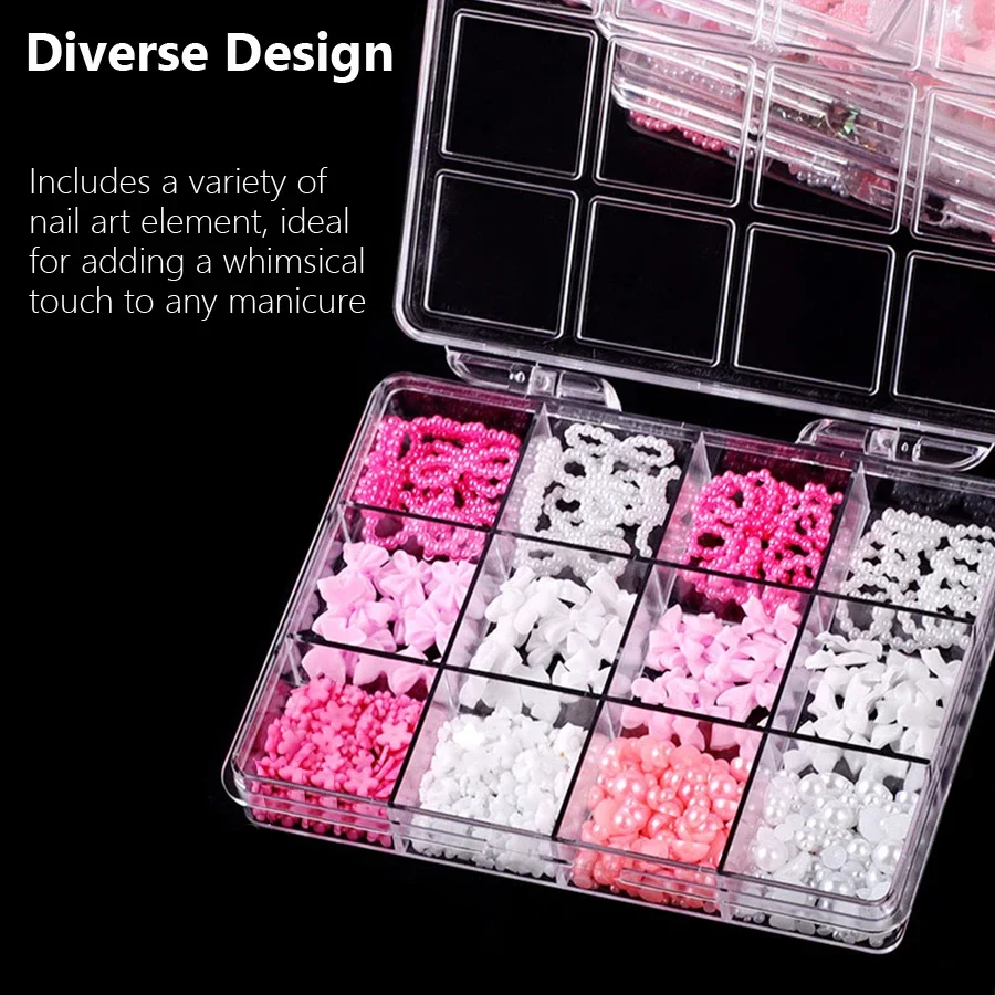 12pcs Mixed Nail Rhinestones 3D Pearlescent Beads with Ribbon Heart Charms for Creative Nail Art Decoration