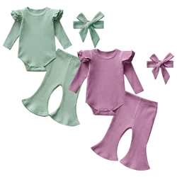 Newborn Infant Baby Girls 3PCS Clothes Set Ruffles Long Sleeve Romper Tops Flared Pants Headband Outfits Spring Fall Clothing