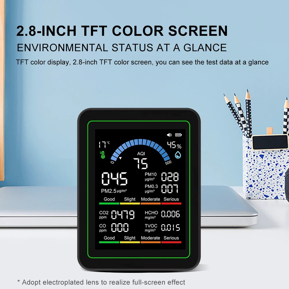 10-in-1 Air Quality Tester Real-Time HCHO Detector with Display Temperature Humidity Detector for Office & Hotel