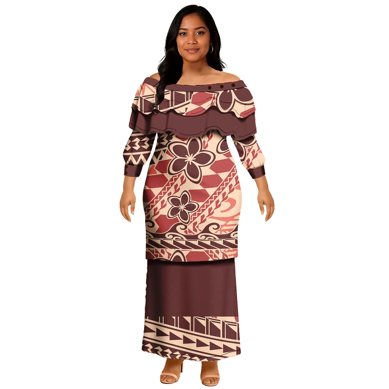 Samoan Puletasi Dress Tradition Polynesian พิมพ์รูปแบบที่กําหนดเอง Ruffles ชุด Puletasi Top และกระโปรงสําหรับสตรี