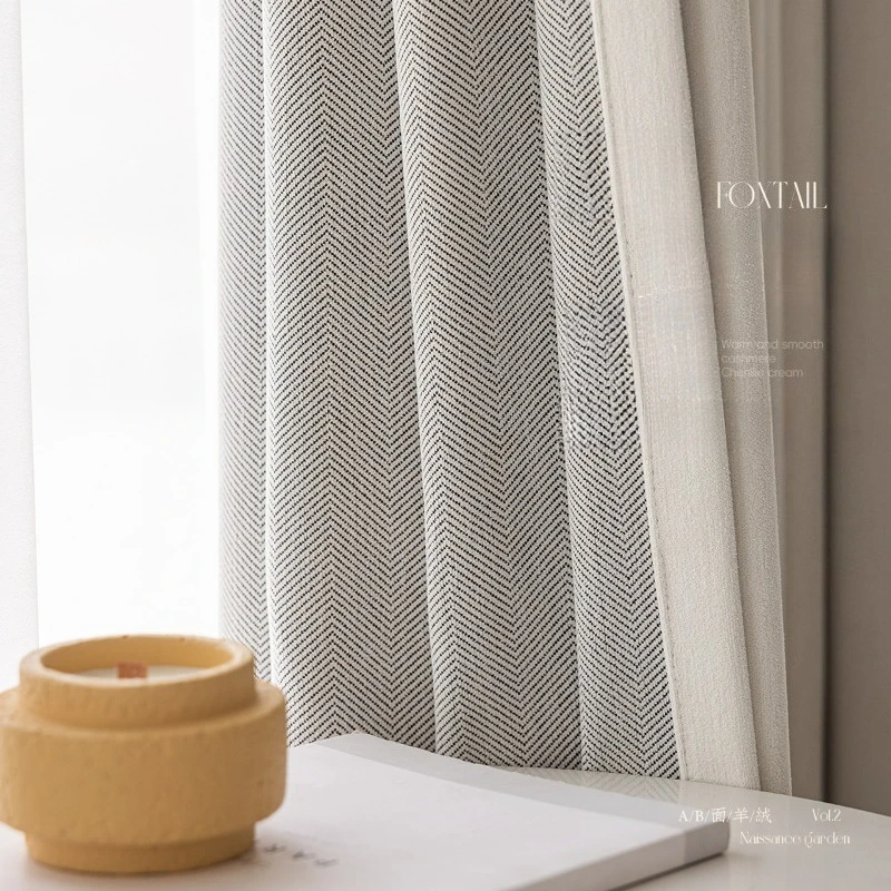 Double-sided Herringbone Cashmere Chenille Curtains for Living Dining Room Bedroom Full Blackout Cream Style Custom Size Drapes