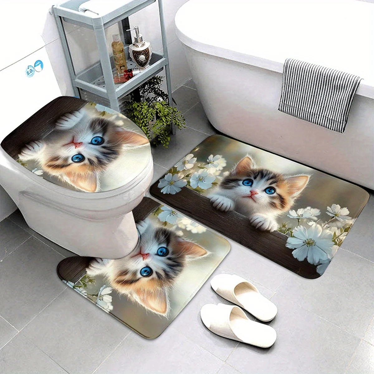 

3-Piece Cute Kitten Bathroom Set - Polyester, Machine Washable, Bath Mat, U-Shaped Toilet Seat Mat, and Toilet Seat Cover
